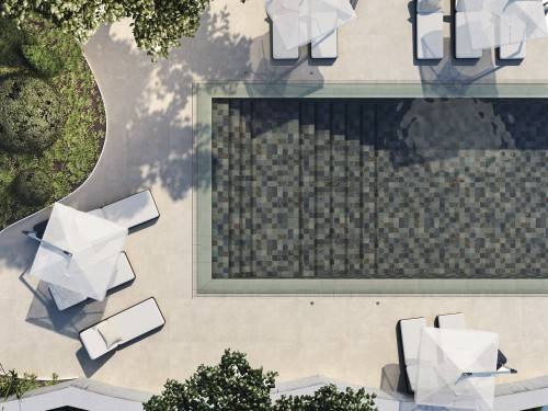 Carrelage effet pierre de bali 15x15 couleurs mix. Sol fond piscine naturelle. Grès cérame mat. Nusa InstaHouse APE
