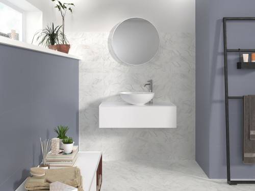 Carrelage Mur Aspect Marbre 7,5x30 Vérone InstaHouse VERONA Carmen Blanc dosseret salle d'eau lavabo