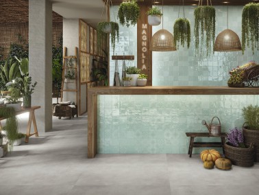 Carrelage Mur Aspect Azulejos Effet zellige brillant 13x13 Valonia Moura Vert d'eau crédence comptoir restaurant