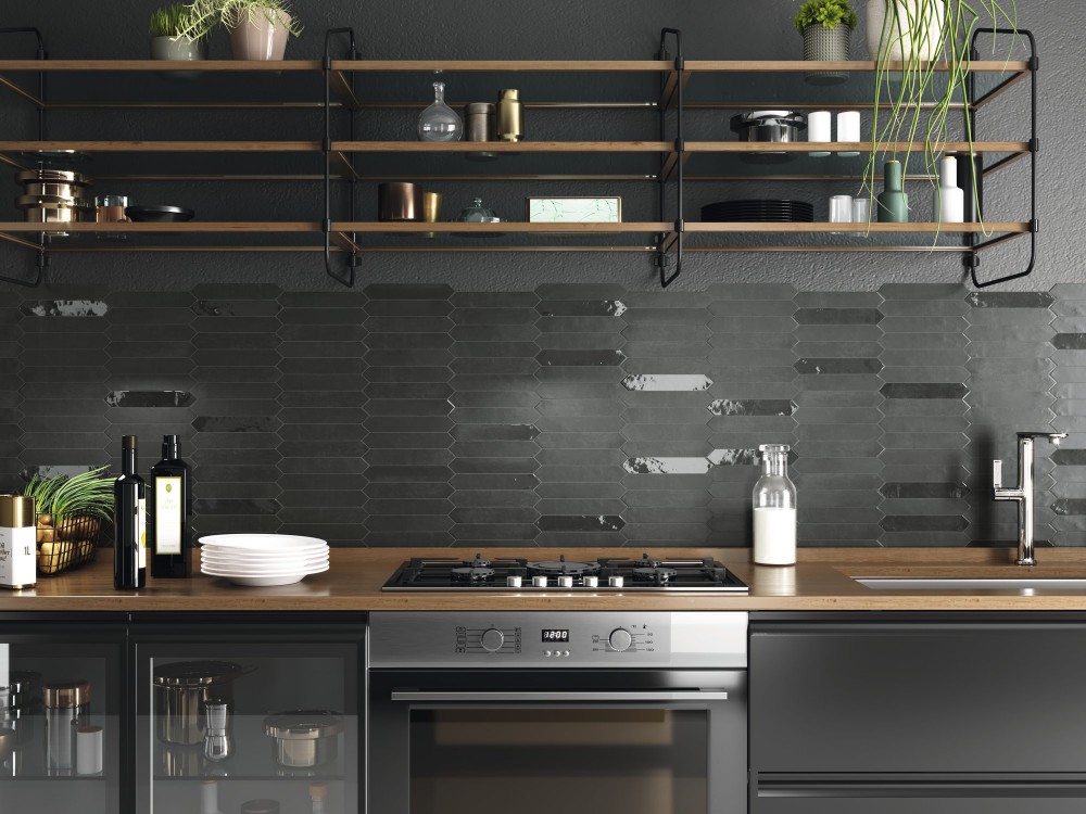 InstaHouse carrelage crédence cuisine faïence navette finition mat couleur noir Collection Sittelle