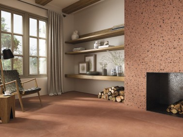 Carrelage Effet Terre Cuite Terrazzo 120x120 Antidérap. R10 Rhodophyte InstaHouse ARGILLAE APE Corail Mur salon