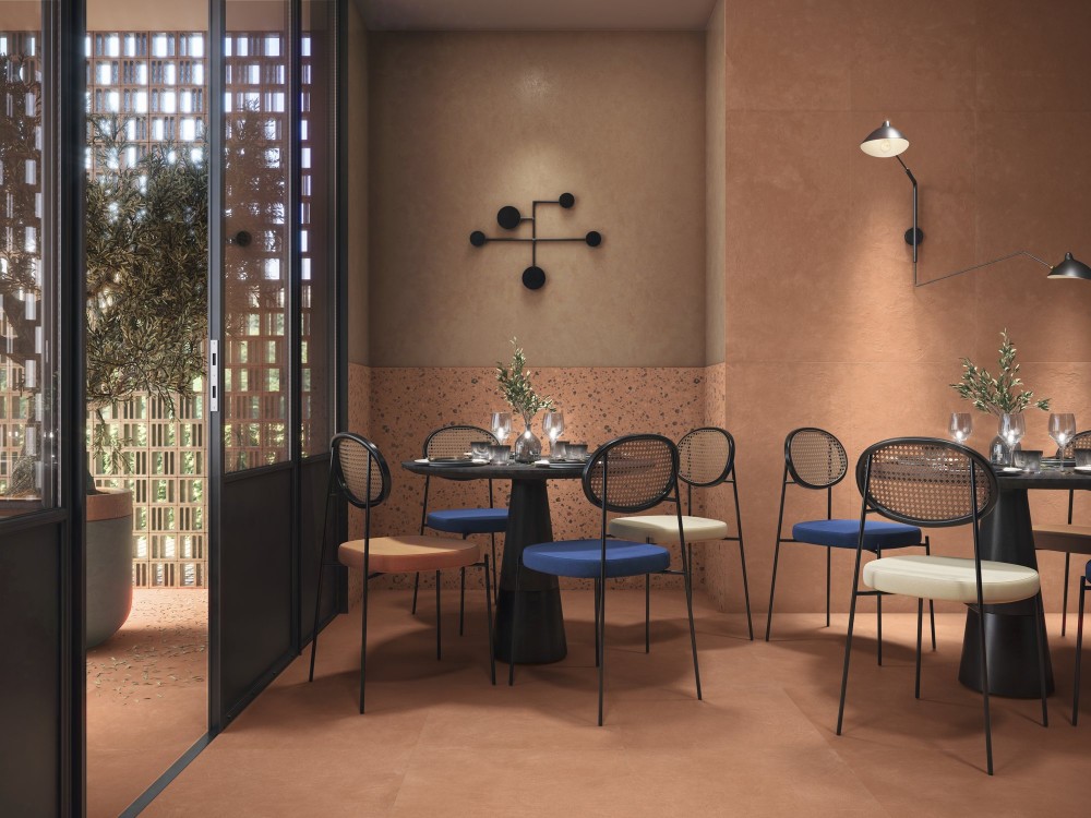 Carrelage Effet Terre Cuite Terrazzo 60x60. R10 Rhodophyte InstaHouse ARGILLAE APE Corail Mur salle à manger restaurant
