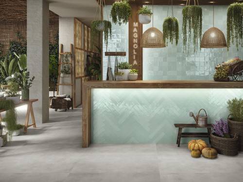 Carrelage effet zellige format rectangulaire 6,5 x 13 couleur vert d'eau InstaHouse Comptoir restaurant bar
