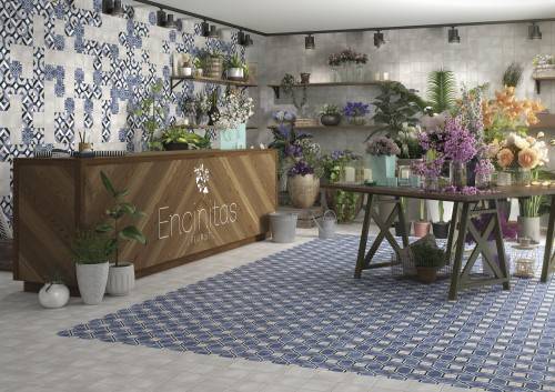 Carrelage Sol Effet Carreaux de Ciment 15x15 R10 Antigua Alméria InstaHouse Carmen FLEUR sol commerce boutique