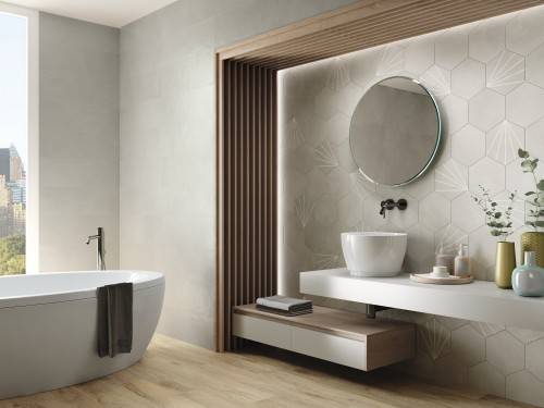 Carrelage sol et mur imitation tomette ciment. Hexagone 23x26 gris Haliméda InstaHouse APE Macba Crédence lavabo