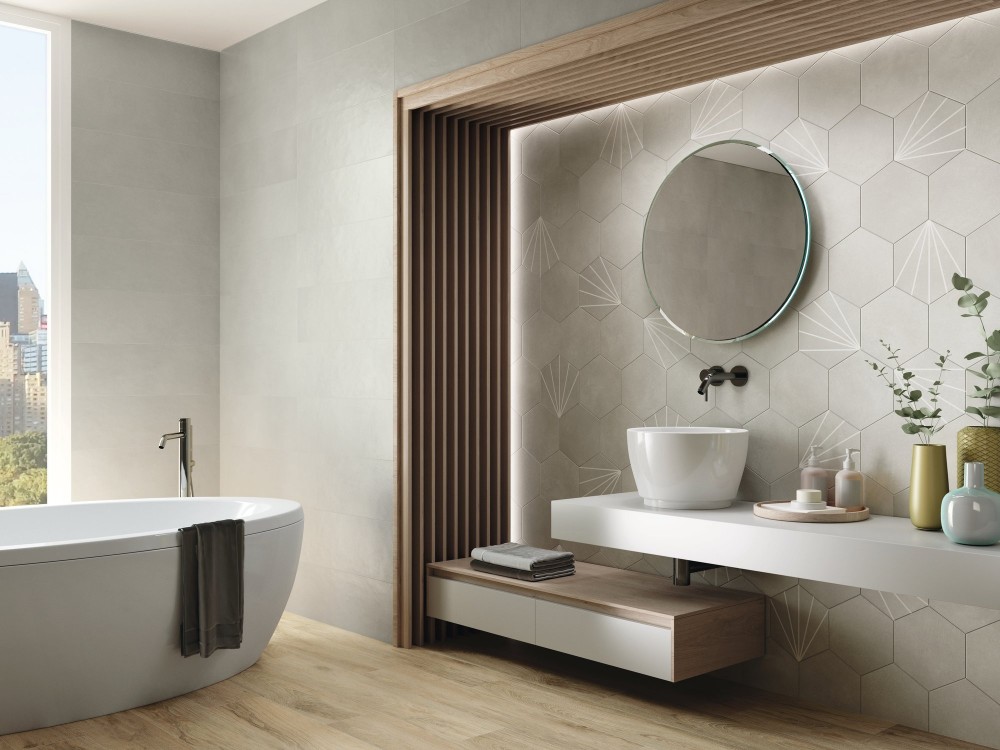 Carrelage sol et mur imitation tomette ciment. Hexagone 23x26 gris Haliméda InstaHouse APE Macba Crédence lavabo