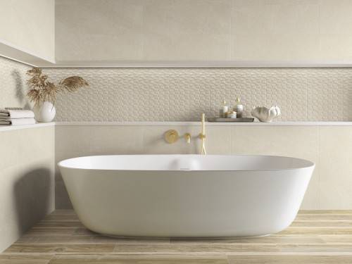 Carrelage faïence mur salle de bain 30x90, imitation pierre, couleur écru Barbarus InstaHouse APE Burlington