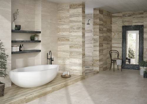 Carrelage salle de bains effet ciment 30 x 60 finition lapatto couleur sable InstaHouse Wabi Sabi APE