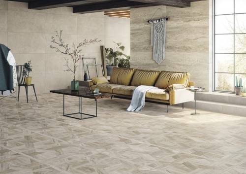 Carrelage Sol / Mur Effet Bois Marqueterie 75x75 Sable Zen InstaHouse WABI SABI APE sol salon