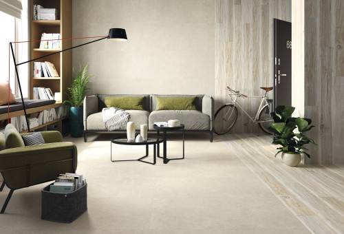 InstaHouse carrelage zen 20 x 120 effet bois vieilli couleur blanc salon séjour Zen InstaHouse WABI SABI APE