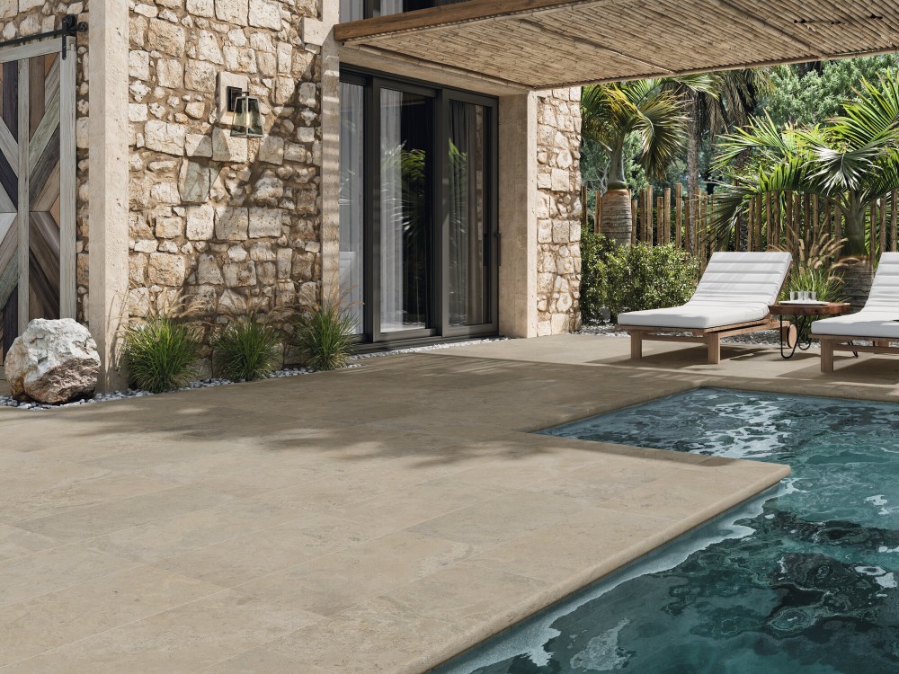 Carrelage Sol Effet Pierre 60x120 Antidérapant R11 Couleur chamois Hématite InstaHouse 4 STONES APE sol terrasse piscine