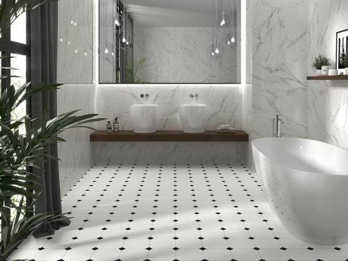 InstaHouse carrelage sol cabochon grès cérame blanc sol salle de bain collection Huit