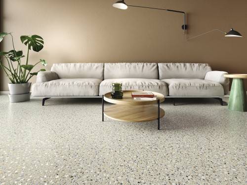 InstaHouse carrelage sol salon Grès cérame aspect terrazzo finition brillant couleur os 60 x 60 Collection Bayard