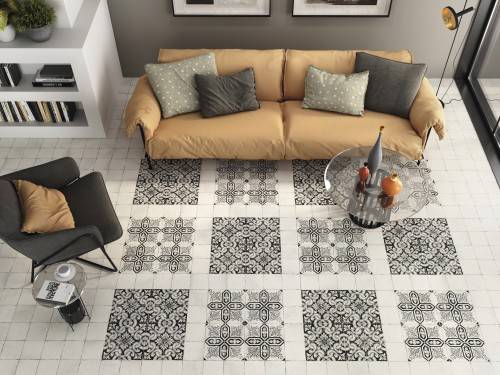 InstaHouse carrelage imitation carreaux de ciment effet usé 15 x 15 noir et blanc Collection Chaplin Sol salon