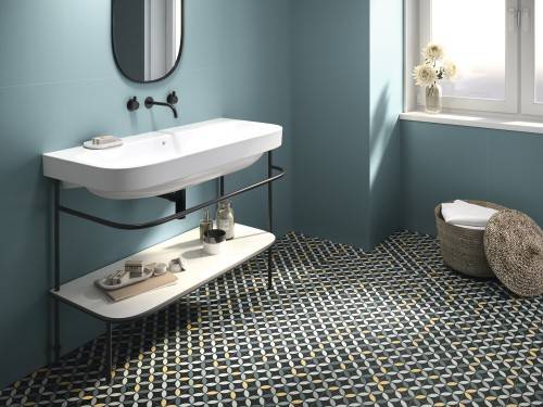 InstaHouse carrelage imitation carreaux de ciment couleur nuit format 15 x 15 Collection Camélia Sol salle d'eau bleue