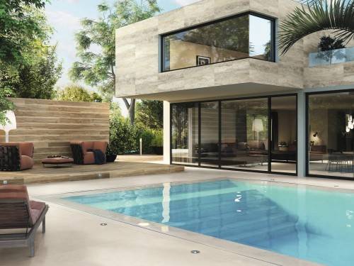Carrelage extérieur façade maison effet travertin couleur beige veiné finition mat 60 x 120 collection Zen InstaHouse