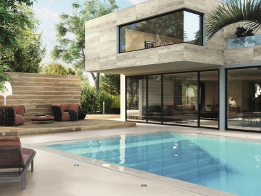 Carrelage extérieur façade maison effet travertin couleur beige veiné finition mat 60 x 120 collection Zen InstaHouse