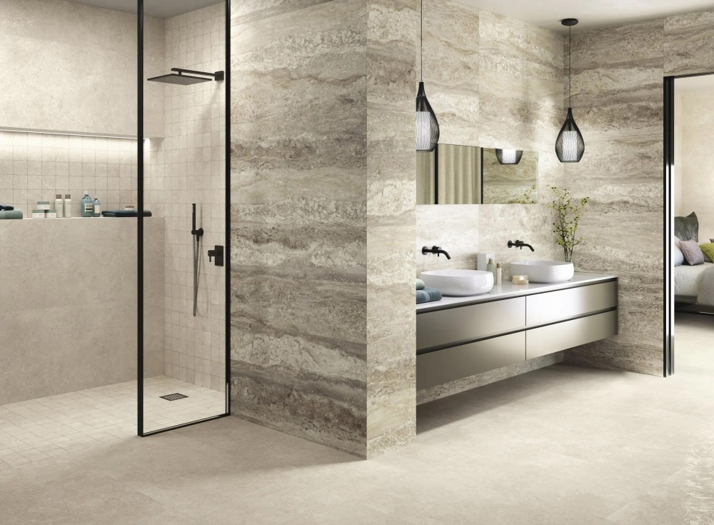 Carrelage effet travertin couleur beige veiné finition email poli brillant 60 x 120 collection Zen InstaHouse Mur salle d'eau