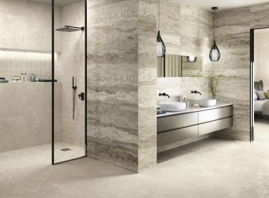Carrelage effet travertin couleur beige veiné finition email poli brillant 60 x 120 collection Zen InstaHouse Mur salle d'eau