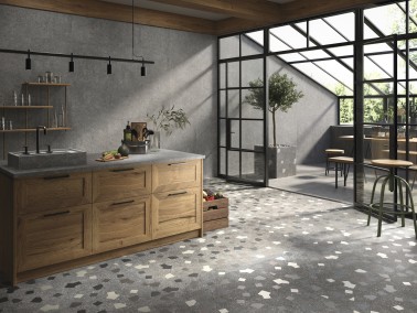 Carrelage grès cérame sol cuisine effet ciment terrazzo 90x90 couleur graphite collection Géo Instahouse