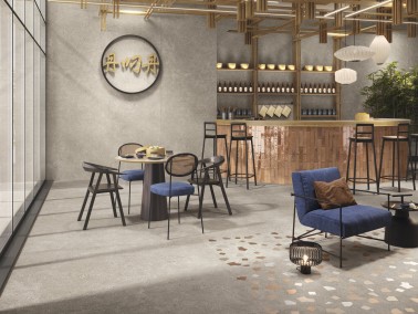Carrelage grès cérame sol restaurant effet ciment 90x90 cm couleur taupe collection Géo chez InstaHouse