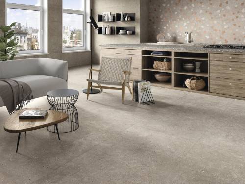 Carrelage grès cérame sol salon effet ciment 90x90 cm couleur taupe collection Géo chez InstaHouse