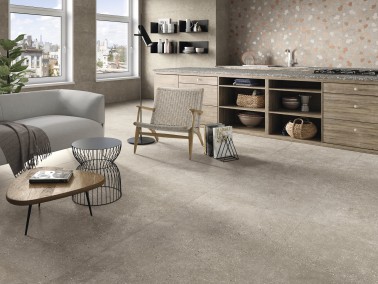 Carrelage grès cérame sol salon effet ciment 90x90 cm couleur taupe collection Géo chez InstaHouse