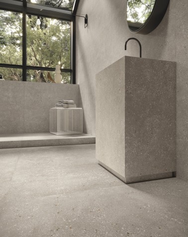Carrelage grès cérame sol salle de bain effet ciment 90x90 cm couleur taupe collection Géo chez InstaHouse