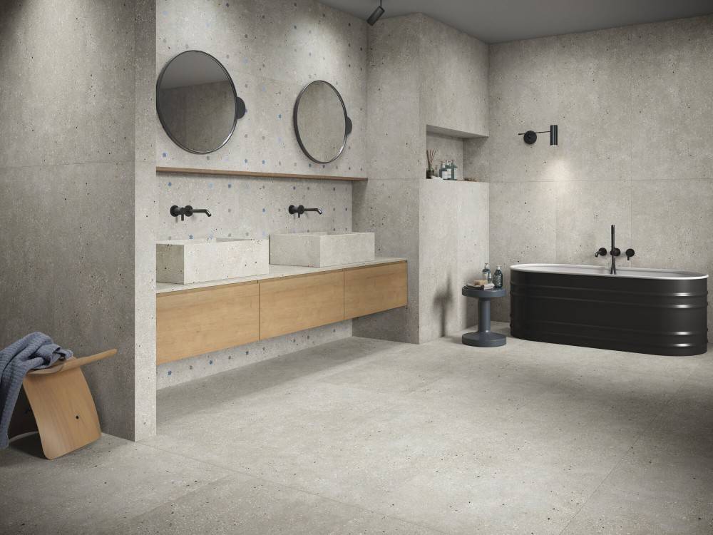 Carrelage grès cérame crédence salle de bain effet ciment incrustation fleurs 60 x 60 cm couleur gris collection Géo InstaHouse