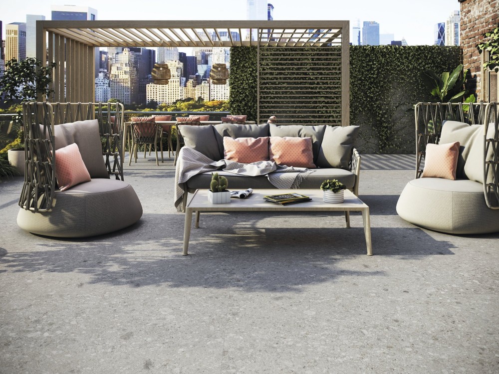 Carrelage effet pierre terrasse grès cérame antidérapant R11 60X120 finition mat couleur gris collection Frammento InstaHouse