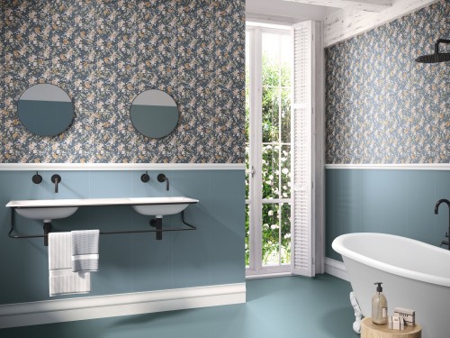 Faïence effet papier peint motif vintage fleurs 30X90 cm couleur horizon mur salle de bain collection Romantic InstaHouse