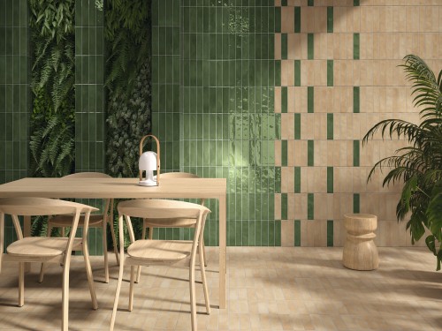 Carrelage grès cérame mat imitation terre cuite 6X24 cm paille Collection Fayenza InstaHouse Carmen Mur cuisine salle restaurant