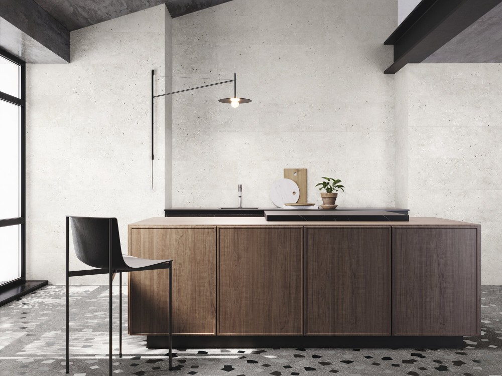 Carrelage grès cérame sol cuisine effet ciment terrazzo 90x90 couleur graphite collection Géo Instahouse