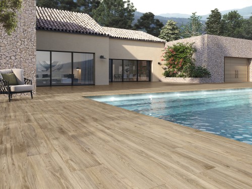 carrelage imitation bois parquet couleur bouleau 25x150 antidérapant collection Sequoia InstaHouse APE Sol piscine terrasse