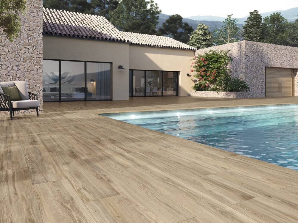 carrelage imitation bois parquet couleur bouleau 25x150 antidérapant collection Sequoia InstaHouse APE Sol piscine terrasse