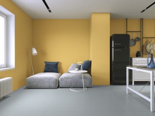 Carrelage sur trame effet mosaïque couleur moutarde 30x30 rectifié Swing InstaHouse Tonality APE Mur chambre