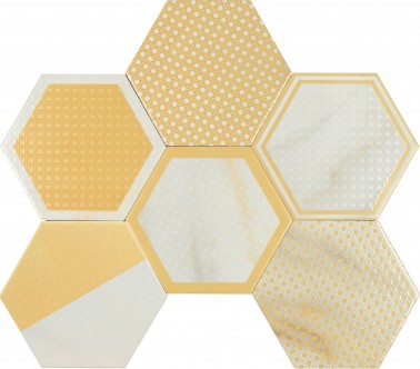 Carrelage Sol / Mur Effet Marbre Blanc et Jaune motif mix cannage Hexagonal 13,9X16 Calacatta InstaHouse APE compo