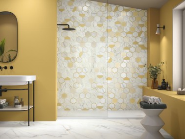 Carrelage Sol / Mur Effet Marbre Blanc et Jaune motif mix cannage Hexagonal 13,9X16 Calacatta InstaHouse APE Mur fond de douche