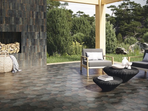 Carrelage Sol Aspect Métal Hexagone 13,9x16 Antidérapant R10 Graphite Magnétik InstaHouse MAGNETISM CARMEN sol terrasse