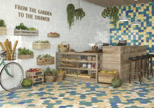 Carrelage sol boutique esprit tomette, antidérapant R10, hexagone 13,9x16 bleu Kasbah InstaHouse Carmen Souk