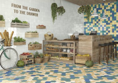 Carrelage sol boutique esprit tomette, antidérapant R10, hexagone 13,9x16 bleu Kasbah InstaHouse Carmen Souk