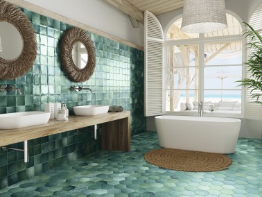 Carrelage Coloré Effet Terre Cuite Emeraude  12,4x12,4 Cascais InstaHouse SINTRA CARMEN mur salle de bain