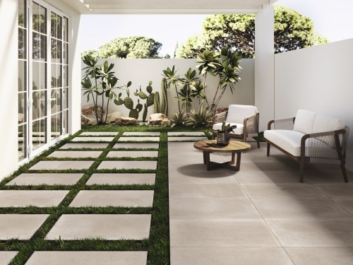 Carrelage Terrasse Effet Dalle en Pierre, forte épaisseur 60x90 R11, couleur beige, mat Roman InstaHouse CLOS APE patio jardin